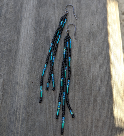 Long Beaded Black and Teal Earrings