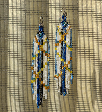 Long Beaded Blue and White Earrings